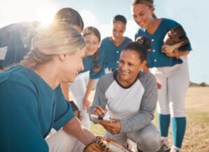 Baseball, sports and coach in team management, collaboration and development during practice on the